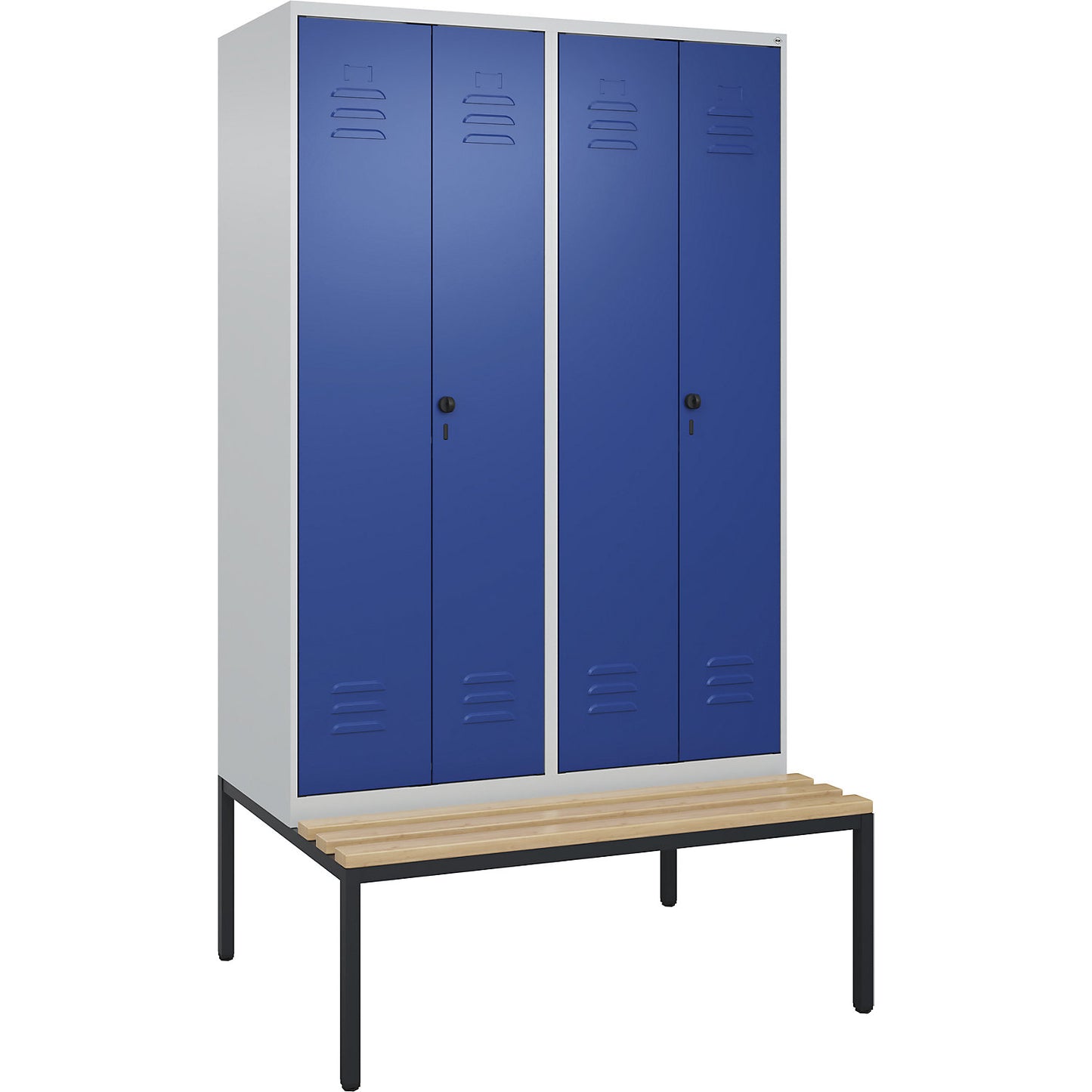 Classic PLUS clean and dirty bench seat clothes locker, centre divider, 2 compartments, light grey/gentian blue, W 1200 mm, security rotary bolt, base frame, beech hardwood.