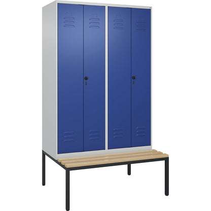 Classic PLUS clean and dirty bench seat clothes locker, centre divider, 2 compartments, light grey/gentian blue, W 1200 mm, security rotary bolt, base frame, beech hardwood.