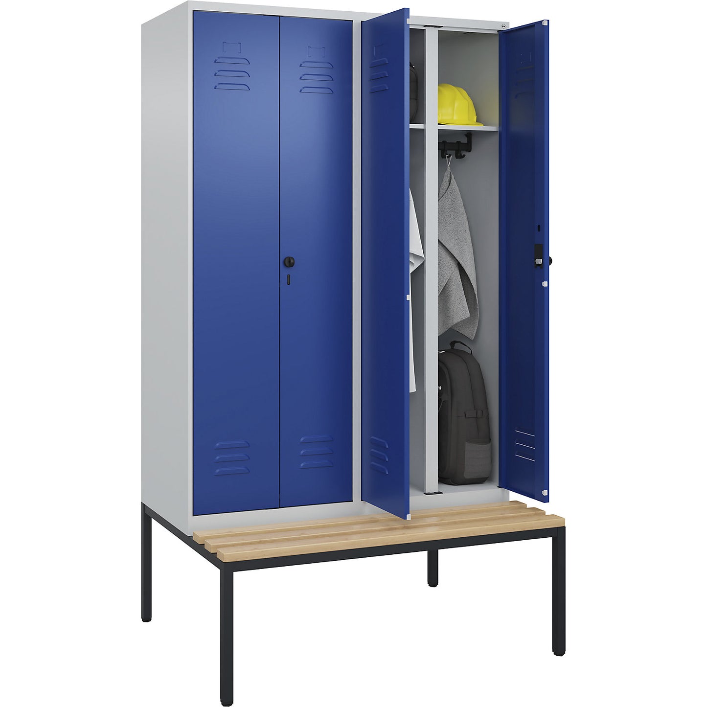 Classic PLUS clean and dirty bench seat clothes locker, centre divider, 2 compartments, light grey/gentian blue, W 1200 mm, security rotary bolt, base frame, beech hardwood.
