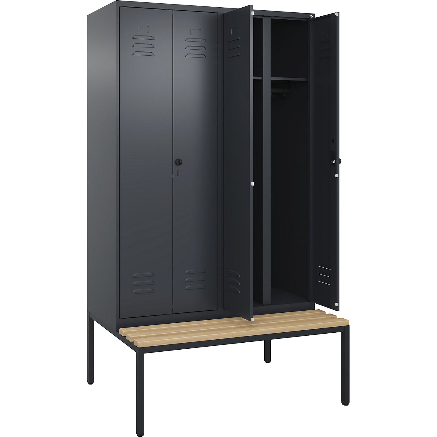 Classic PLUS clean and dirty bench seat clothes locker, centre divider, 2 compartments, grey, W 1200 mm, security rotary bolt, base frame, beech hardwood.