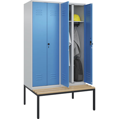 Classic PLUS clean and dirty bench seat clothes locker, centre divider, 2 compartments, light grey/light blue, W 1200 mm, security rotary bolt, base frame, beech hardwood.