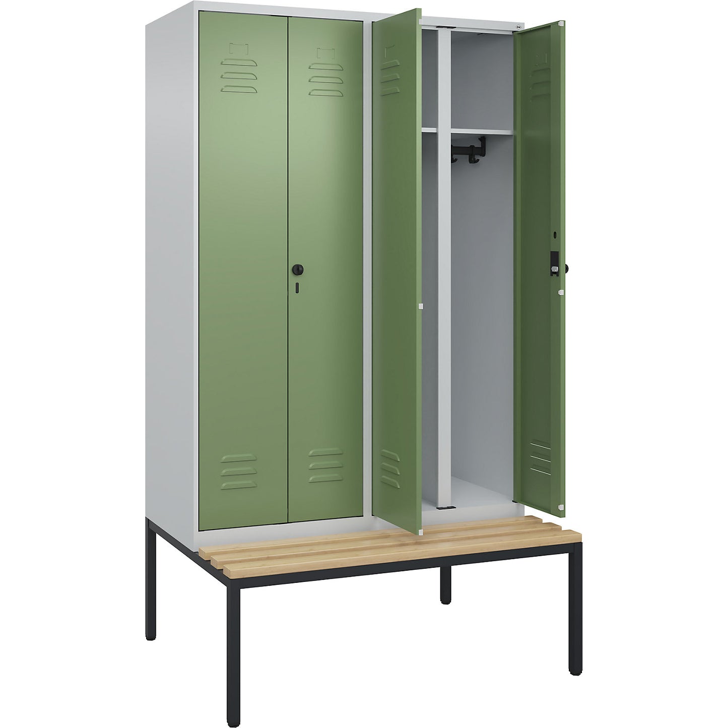 Classic PLUS clean and dirty bench seat clothes locker, centre divider, 2 compartments, light grey/reseda green, W 1200 mm, security rotary bolt, base frame, beech hardwood.