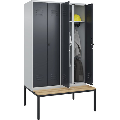 Classic PLUS clean and dirty bench seat clothes locker, centre divider, 2 compartments, light grey/grey, W 1200 mm, security rotary bolt, base frame, beech hardwood.