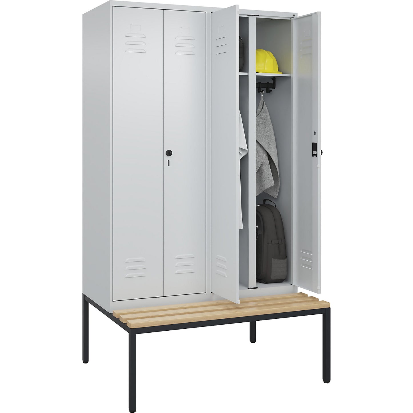 Classic PLUS clean and dirty bench seat clothes locker, centre divider, 2 compartments, light grey, W 1200 mm, security rotary bolt, base frame, beech hardwood.