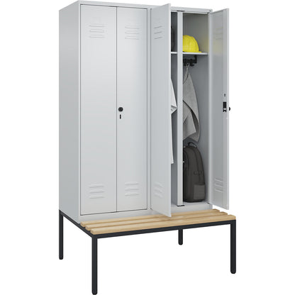 Classic PLUS clean and dirty bench seat clothes locker, centre divider, 2 compartments, light grey, W 1200 mm, security rotary bolt, base frame, beech hardwood.
