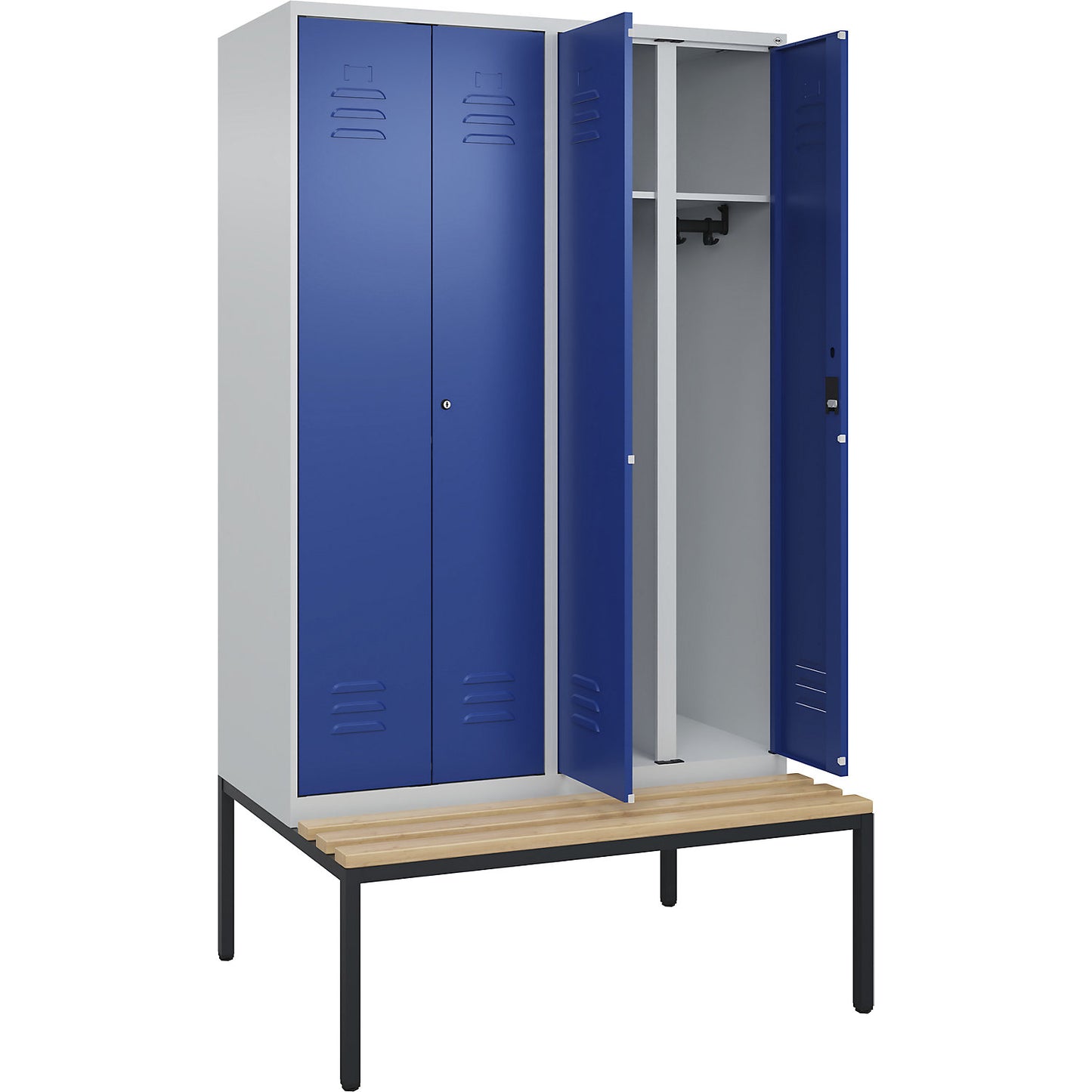 Classic PLUS clean and dirty bench seat clothes locker, centre divider, 2 compartments, light grey/gentian blue, W 1200 mm, cylinder lock, base frame, beech hardwood.