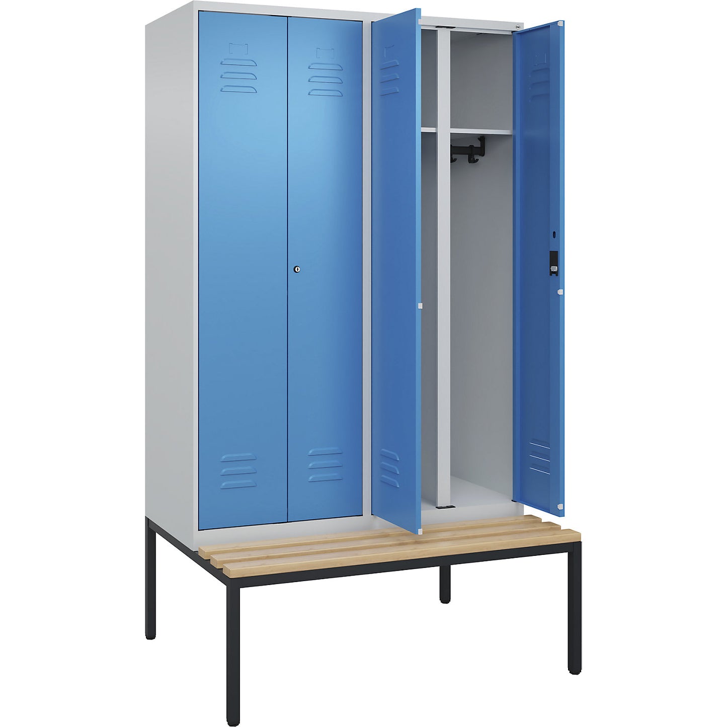 Classic PLUS clean and dirty bench seat clothes locker, centre divider, 2 compartments, light grey/light blue, W 1200 mm, cylinder lock, base frame, beech hardwood.