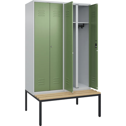 Classic PLUS clean and dirty bench seat clothes locker, centre divider, 2 compartments, light grey/reseda green, W 1200 mm, cylinder lock, base frame, beech hardwood.