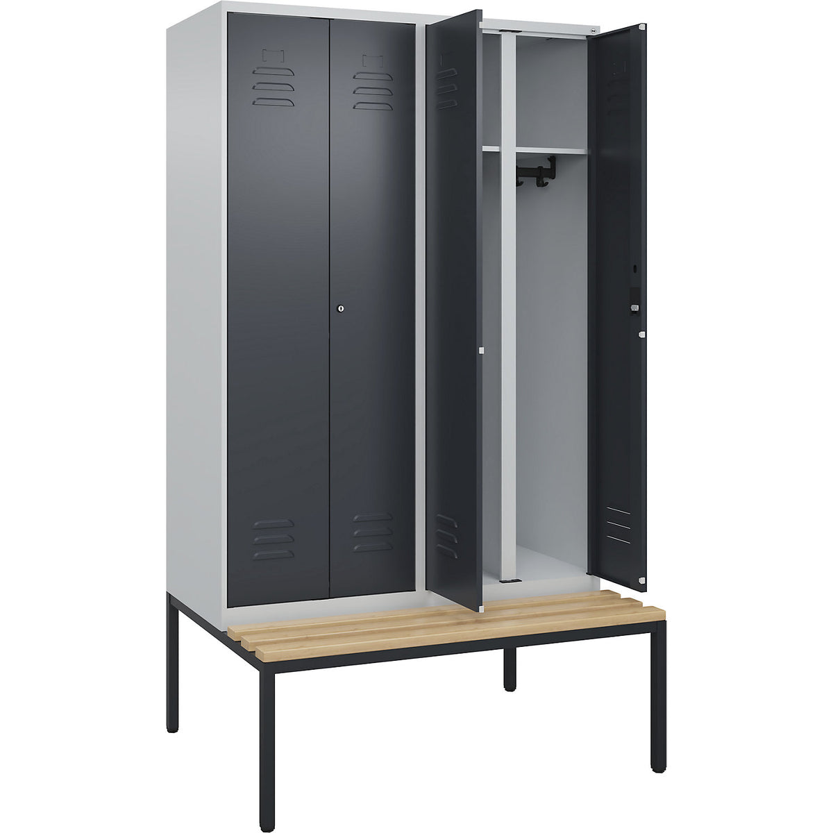 Classic PLUS clean and dirty bench seat clothes locker, centre divider, 2 compartments, light grey/grey, W 1200 mm, cylinder lock, base frame, beech hardwood.