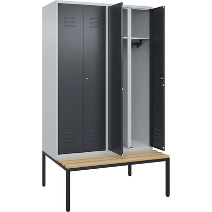 Classic PLUS clean and dirty bench seat clothes locker, centre divider, 2 compartments, light grey/grey, W 1200 mm, cylinder lock, base frame, beech hardwood.