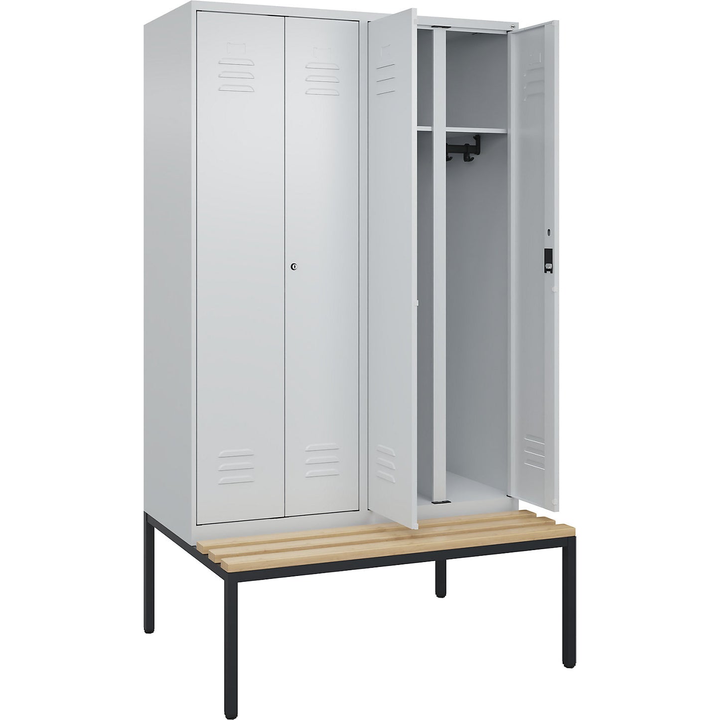 Classic PLUS clean and dirty bench seat clothes locker, centre divider, 2 compartments, light grey, W 1200 mm, cylinder lock, base frame, beech hardwood.