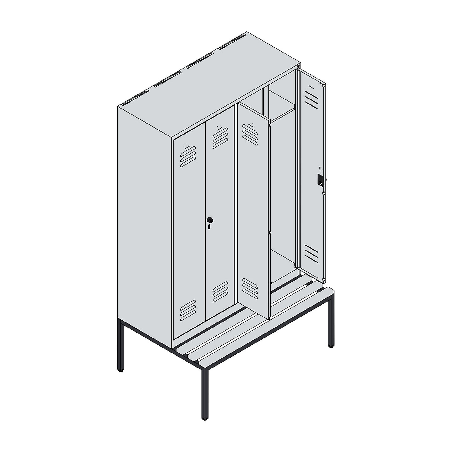 Classic PLUS clean and dirty bench seat clothes locker, centre divider, 2 compartments, light grey, W 1200 mm, security rotary bolt, base frame, beech hardwood.