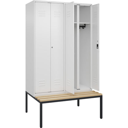 Classic PLUS clean and dirty bench seat clothes locker, centre divider, 2 compartments, traffic white, W 1200 mm, cylinder lock, base frame, beech hardwood.