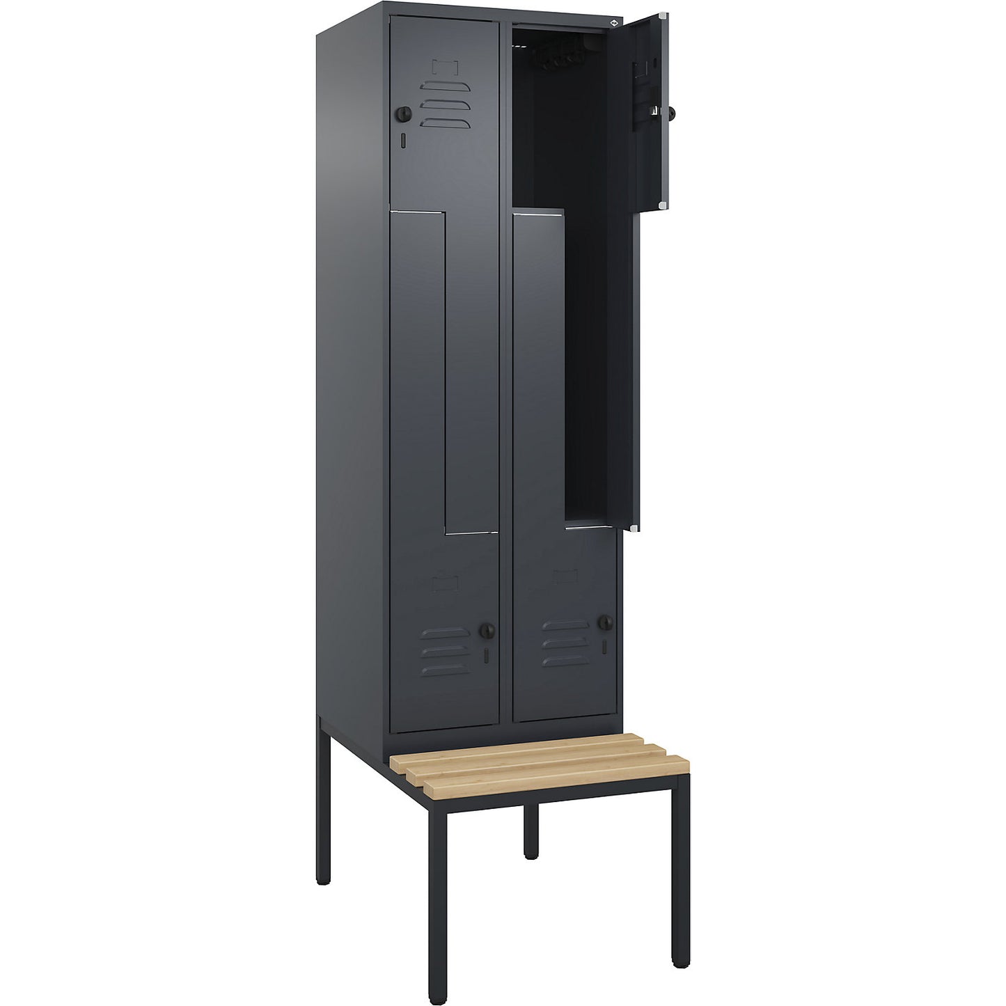 Classic PLUS bench seat Z locker, 2 compartments, grey, W 600 mm, security rotary bolt, base frame, beech hardwood.