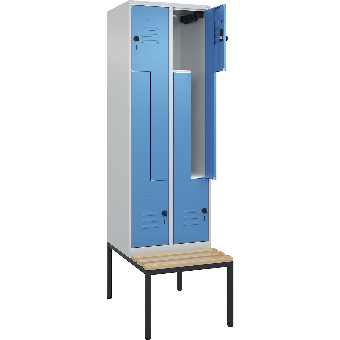 Classic PLUS bench seat Z locker, 2 compartments, light grey/light blue, W 600 mm, security rotary bolt, base frame, beech hardwood.