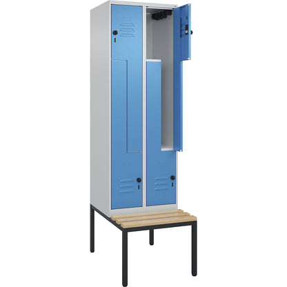 Classic PLUS bench seat Z locker, 2 compartments, light grey/light blue, W 600 mm, security rotary bolt, base frame, beech hardwood.