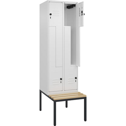 Classic PLUS bench seat Z locker, 2 compartments, traffic white, W 600 mm, security rotary bolt, base frame, beech hardwood.