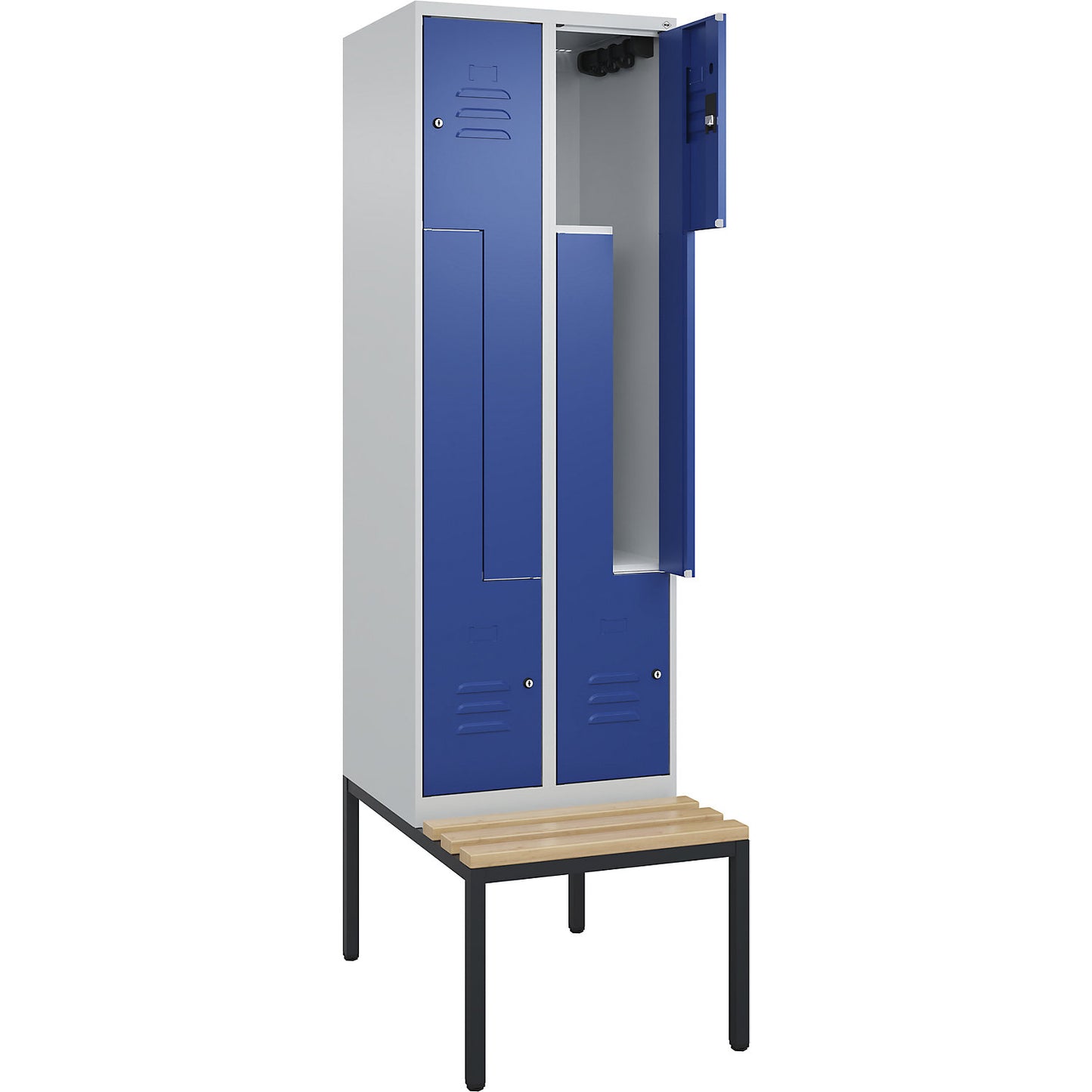 Classic PLUS bench seat Z locker, 2 compartments, light grey/gentian blue, W 600 mm, cylinder lock, base frame, beech hardwood.