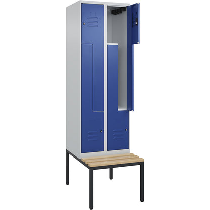 Classic PLUS bench seat Z locker, 2 compartments, light grey/gentian blue, W 600 mm, cylinder lock, base frame, beech hardwood.