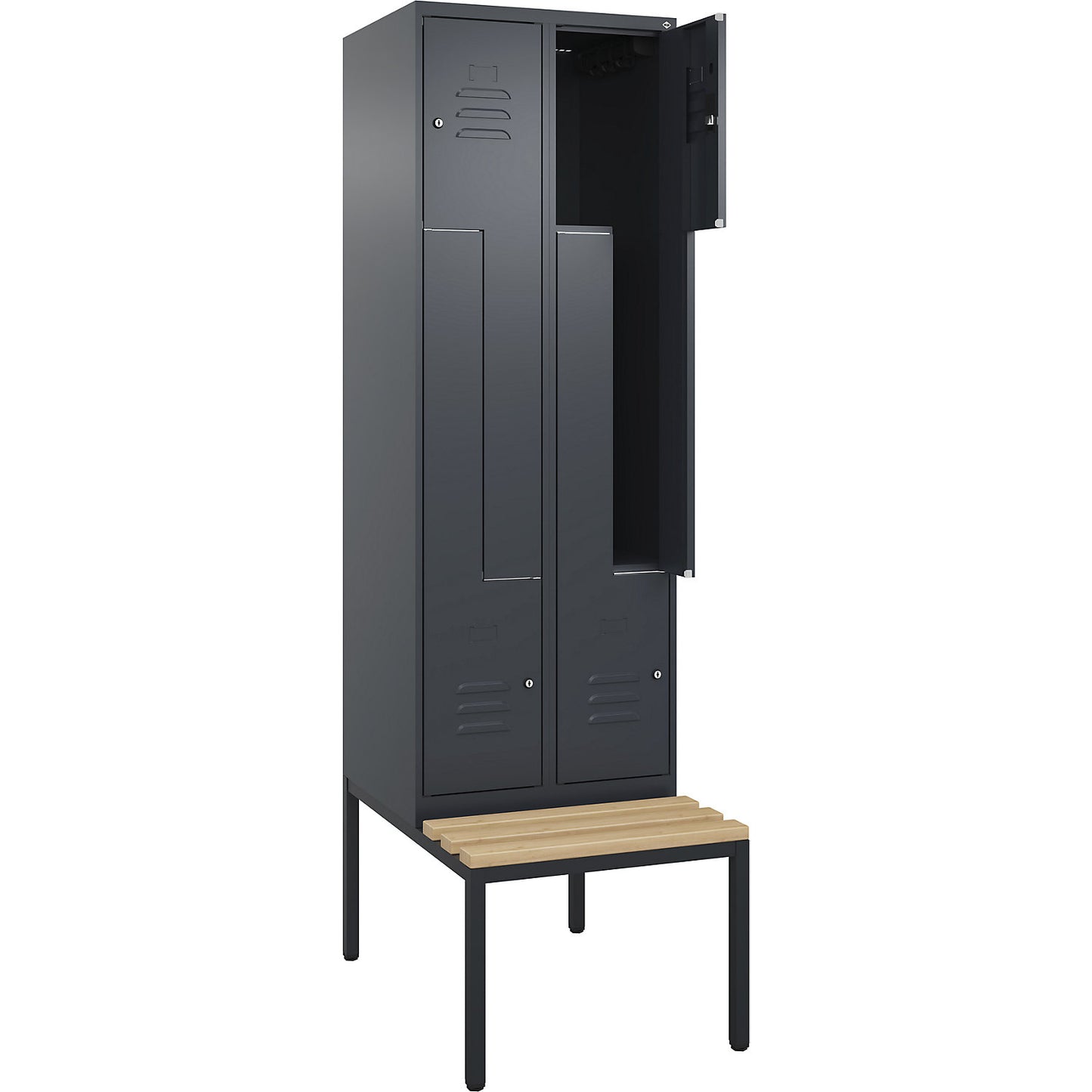 Classic PLUS bench seat Z locker, 2 compartments, grey, W 600 mm, cylinder lock, base frame, beech hardwood.