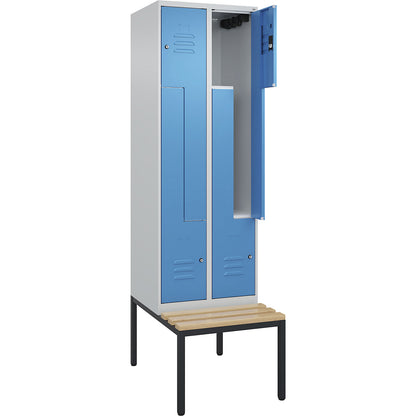 Classic PLUS bench seat Z locker, 2 compartments, light grey/light blue, W 600 mm, cylinder lock, base frame, beech hardwood.