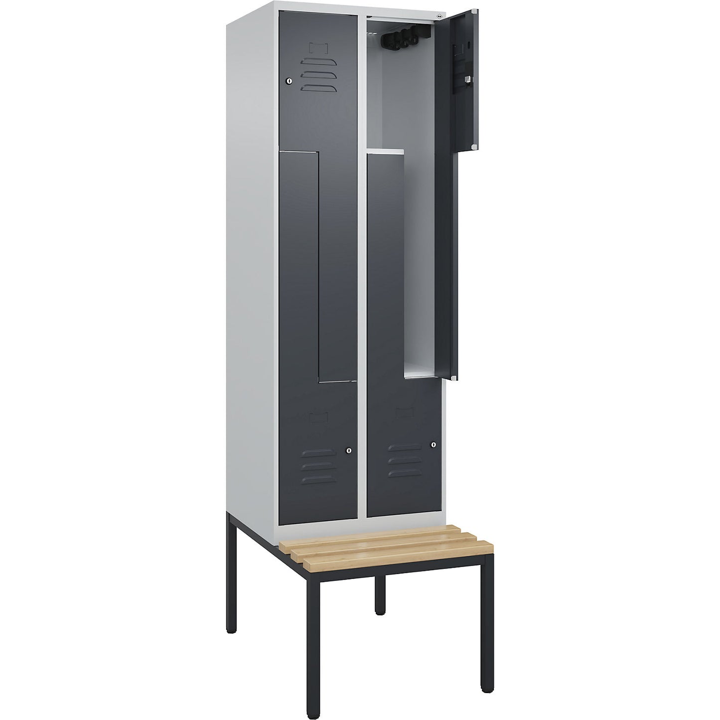 Classic PLUS bench seat Z locker, 2 compartments, light grey/grey, W 600 mm, cylinder lock, base frame, beech hardwood.