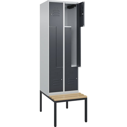 Classic PLUS bench seat Z locker, 2 compartments, light grey/grey, W 600 mm, cylinder lock, base frame, beech hardwood.