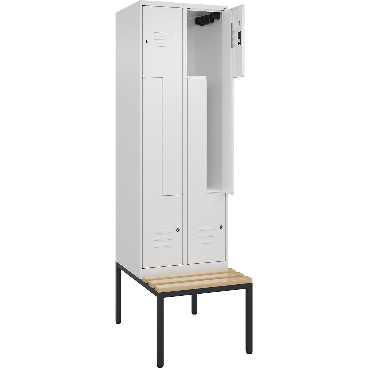 Classic PLUS bench seat Z locker, 2 compartments, traffic white, W 600 mm, cylinder lock, base frame, beech hardwood.
