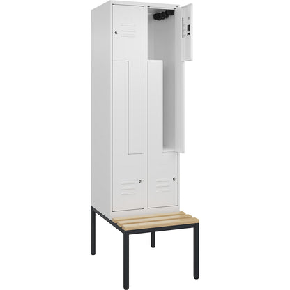 Classic PLUS bench seat Z locker, 2 compartments, traffic white, W 600 mm, cylinder lock, base frame, beech hardwood.