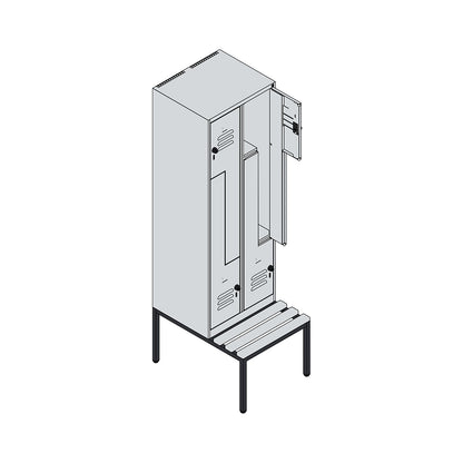 Classic PLUS bench seat Z locker, 2 compartments, traffic white, W 600 mm, security rotary bolt, base frame, beech hardwood.