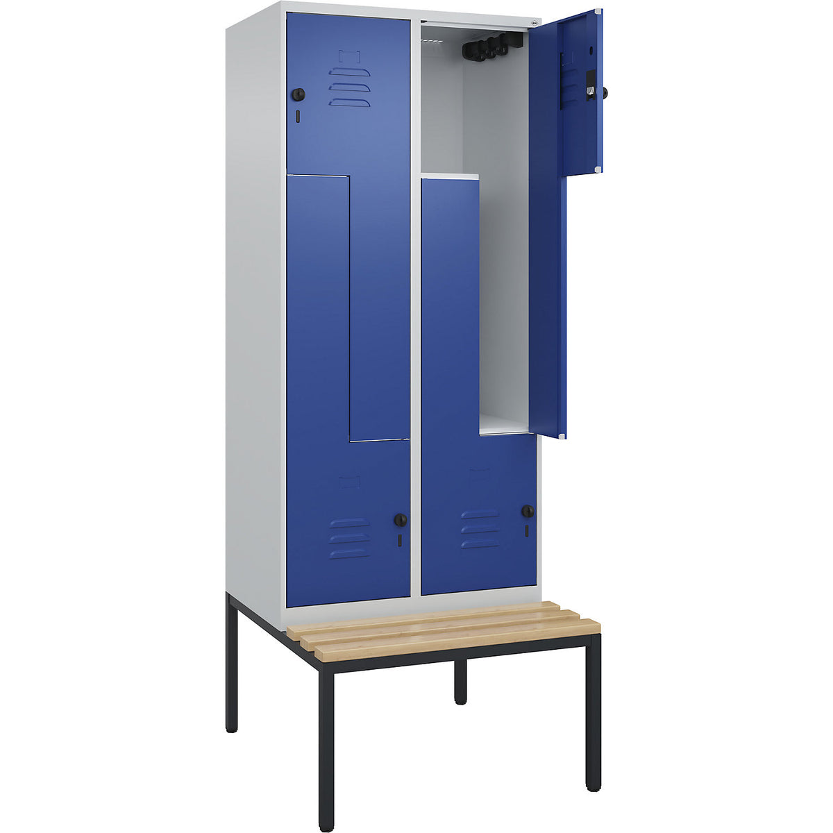 Classic PLUS bench seat Z locker, 2 compartments, light grey/gentian blue, W 800 mm, security rotary bolt, base frame, beech hardwood.