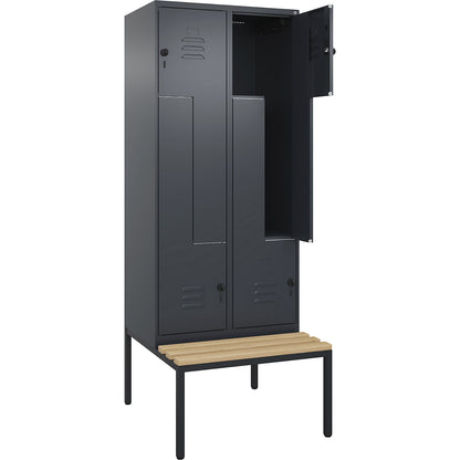 Classic PLUS bench seat Z locker, 2 compartments, grey, W 800 mm, security rotary bolt, base frame, beech hardwood.