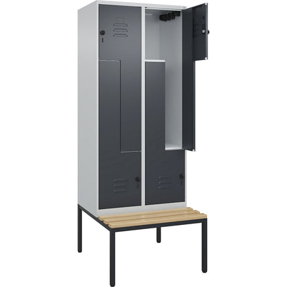 Classic PLUS bench seat Z locker, 2 compartments, light grey/grey, W 800 mm, security rotary bolt, base frame, beech hardwood.
