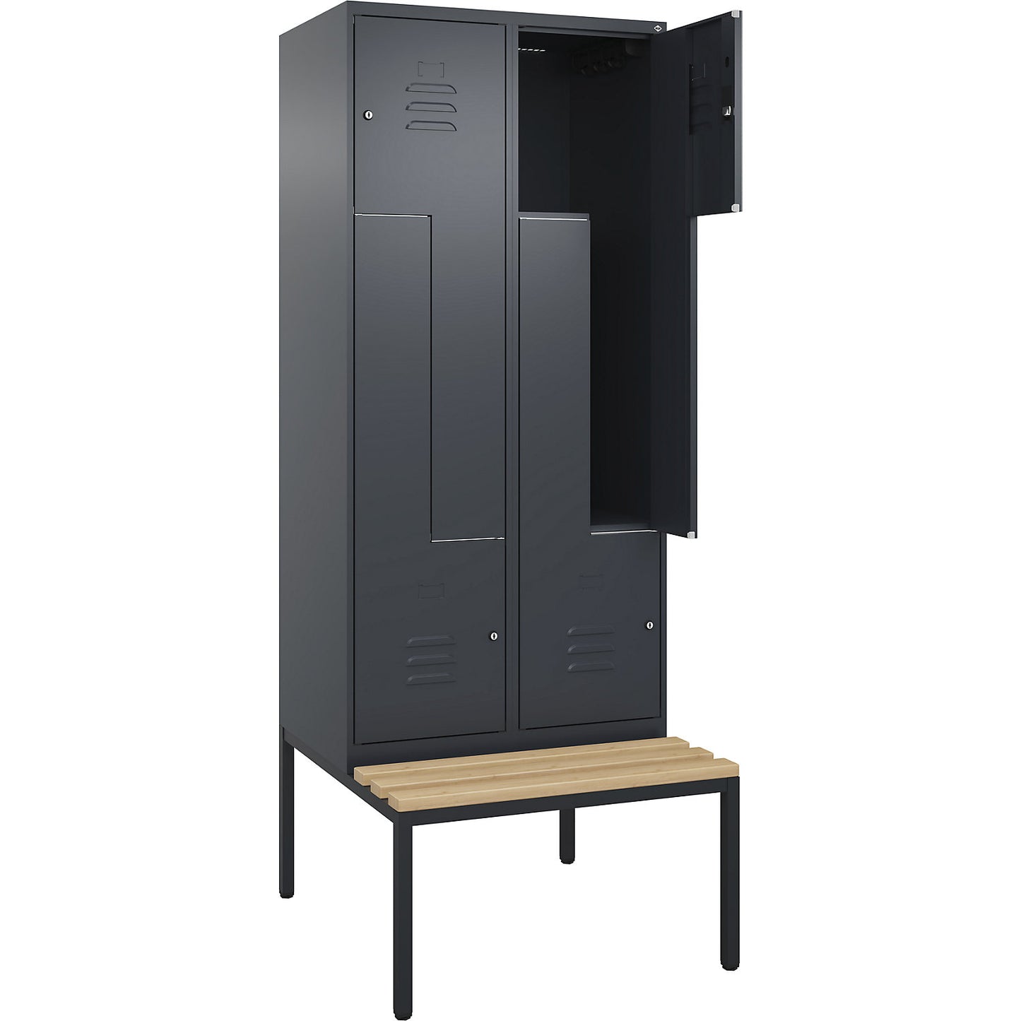 Classic PLUS bench seat Z locker, 2 compartments, grey, W 800 mm, cylinder lock, base frame, beech hardwood.