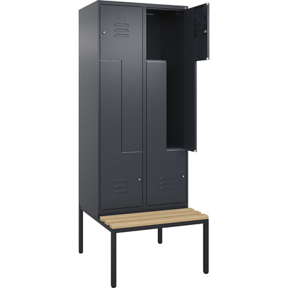 Classic PLUS bench seat Z locker, 2 compartments, grey, W 800 mm, cylinder lock, base frame, beech hardwood.