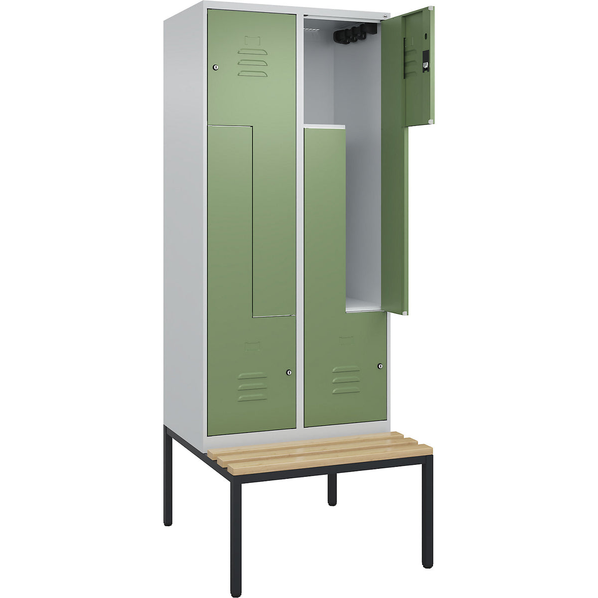 Classic PLUS bench seat Z locker, 2 compartments, light grey/reseda green, W 800 mm, cylinder lock, base frame, beech hardwood.