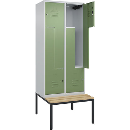 Classic PLUS bench seat Z locker, 2 compartments, light grey/reseda green, W 800 mm, cylinder lock, base frame, beech hardwood.