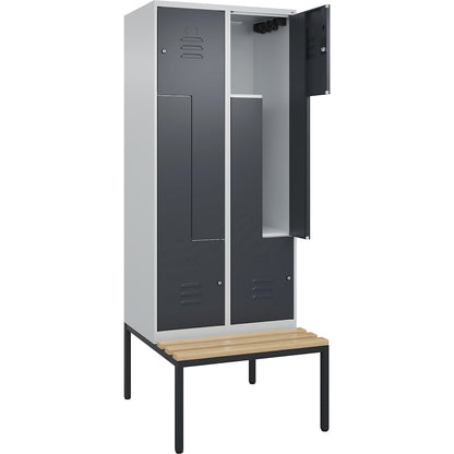 Classic PLUS bench seat Z locker, 2 compartments, light grey/grey, W 800 mm, cylinder lock, base frame, beech hardwood.