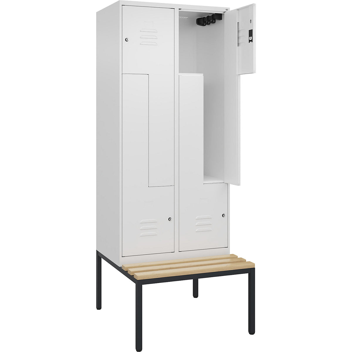 Classic PLUS bench seat Z locker, 2 compartments, traffic white, W 800 mm, cylinder lock, base frame, beech hardwood.