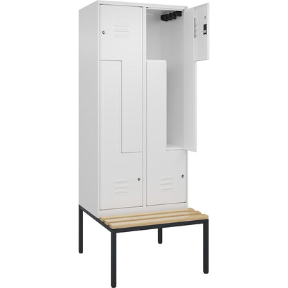 Classic PLUS bench seat Z locker, 2 compartments, traffic white, W 800 mm, cylinder lock, base frame, beech hardwood.