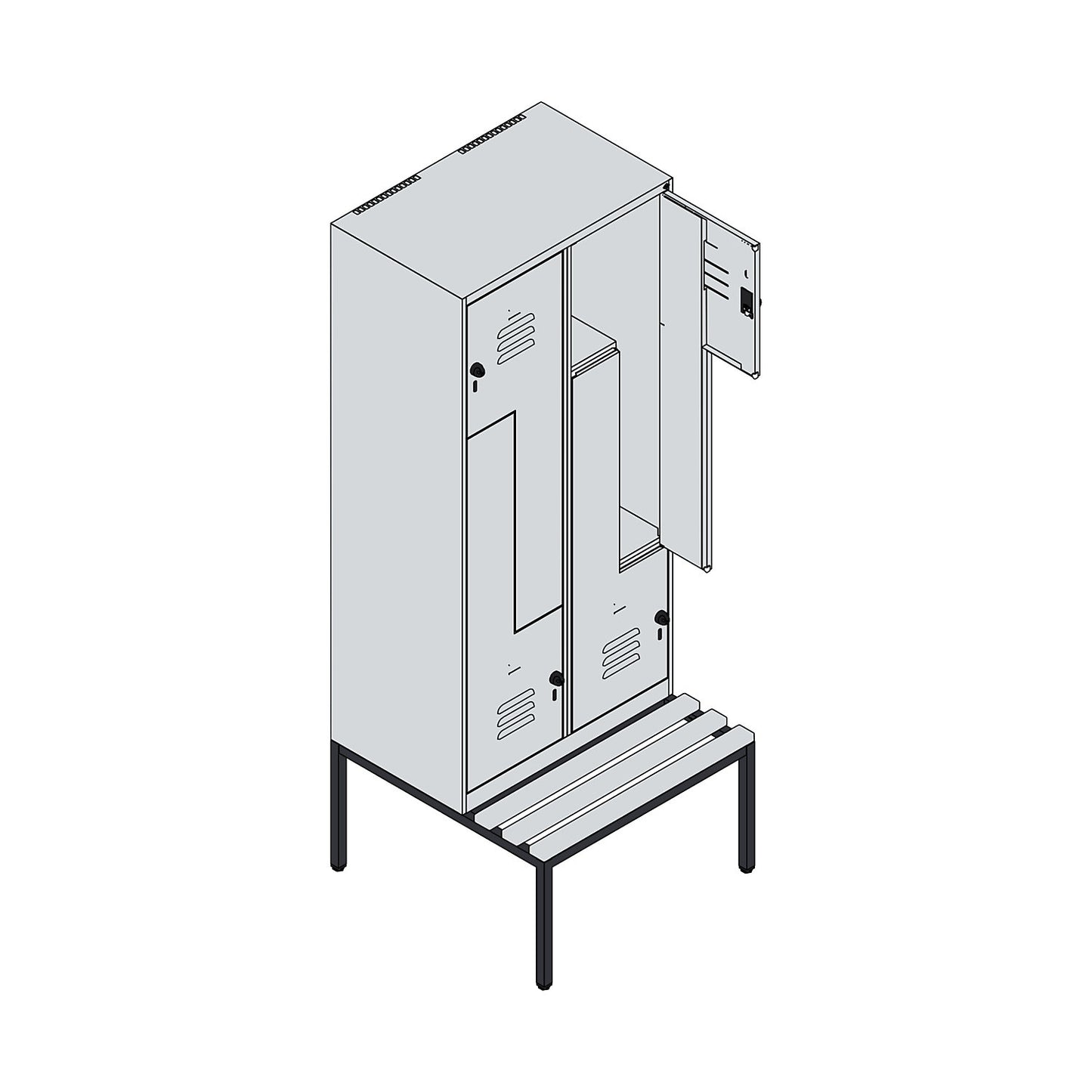 Classic PLUS bench seat Z locker, 2 compartments, light grey/grey, W 800 mm, security rotary bolt, base frame, beech hardwood.