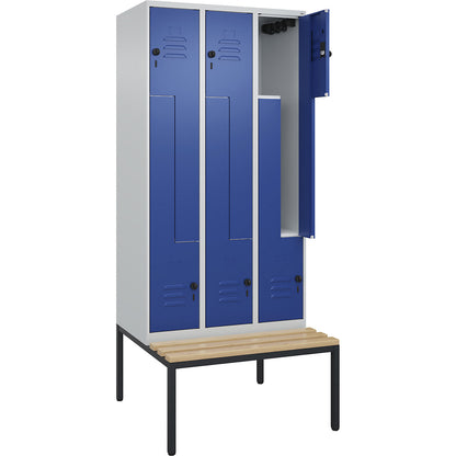 Classic PLUS bench seat Z locker, 3 compartments, light grey/gentian blue, W 900 mm, security rotary bolt, base frame, beech hardwood.
