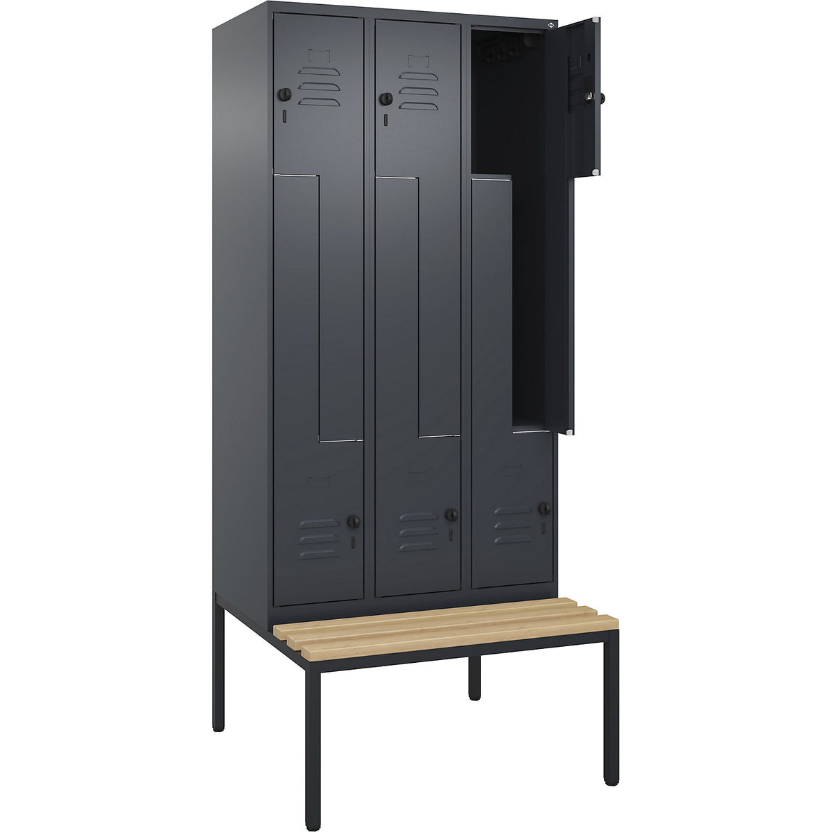 Classic PLUS bench seat Z locker, 3 compartments, grey, W 900 mm, security rotary bolt, base frame, beech hardwood.