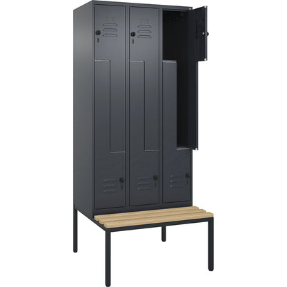 Classic PLUS bench seat Z locker, 3 compartments, grey, W 900 mm, security rotary bolt, base frame, beech hardwood.
