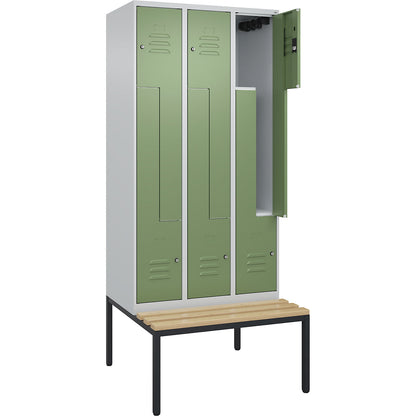 Classic PLUS bench seat Z locker, 3 compartments, light grey/reseda green, W 900 mm, cylinder lock, base frame, beech hardwood.