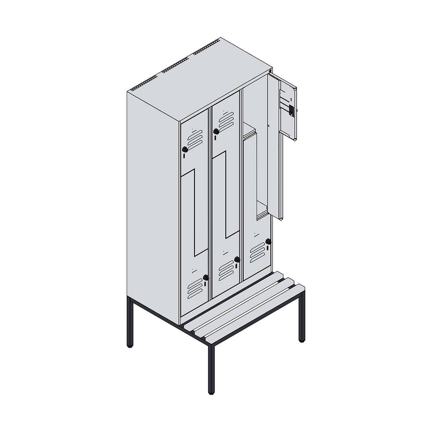 Classic PLUS bench seat Z locker, 3 compartments, light grey/gentian blue, W 900 mm, security rotary bolt, base frame, beech hardwood.