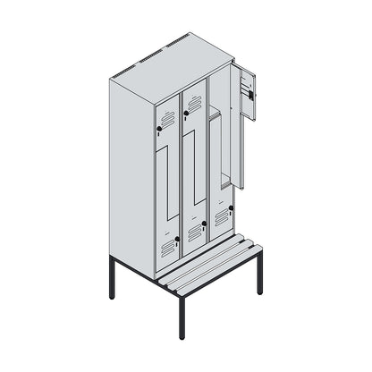 Classic PLUS bench seat Z locker, 3 compartments, light grey/gentian blue, W 900 mm, security rotary bolt, base frame, beech hardwood.