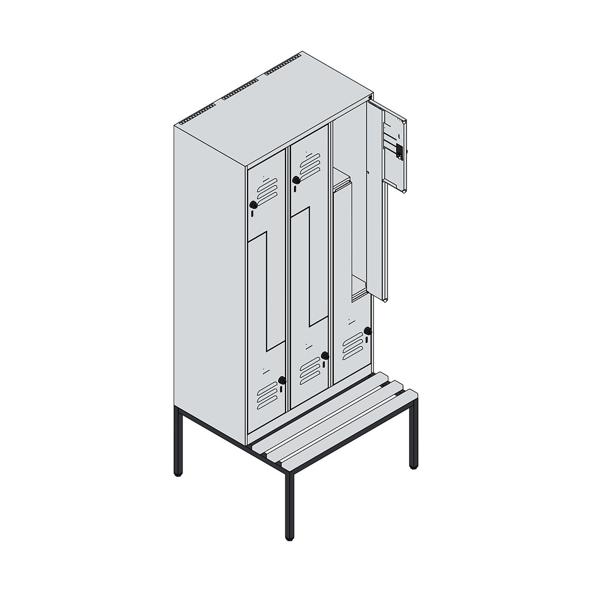 Classic PLUS bench seat Z locker, 3 compartments, grey, W 900 mm, security rotary bolt, base frame, beech hardwood.