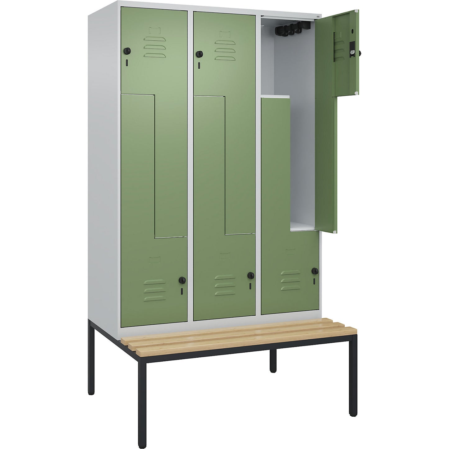 Classic PLUS bench seat Z locker, 3 compartments, light grey/reseda green, W 1200 mm, security rotary bolt, base frame, beech hardwood.