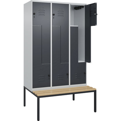 Classic PLUS bench seat Z locker, 3 compartments, light grey/grey, W 1200 mm, security rotary bolt, base frame, beech hardwood.